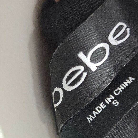 Bebe Vtg Y2K Black Mini Dress S Plunge Neck Sheer Sleeve Rhinestones Open Back - Picture 10 of 14